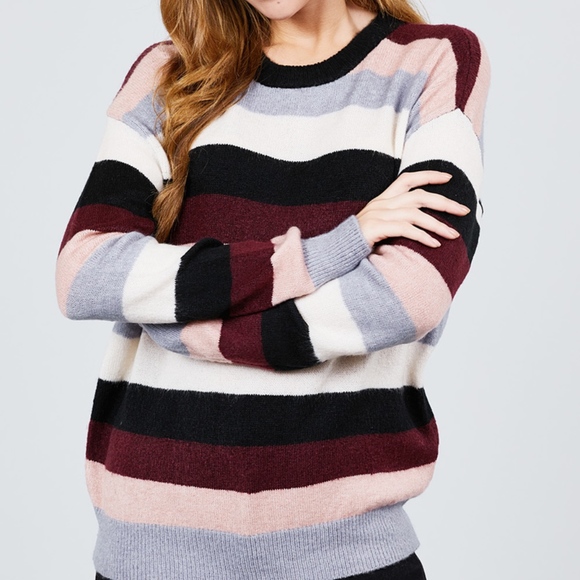 Sweaters - LONG SLEEVE ROUND NECK STRIPED SWEATER